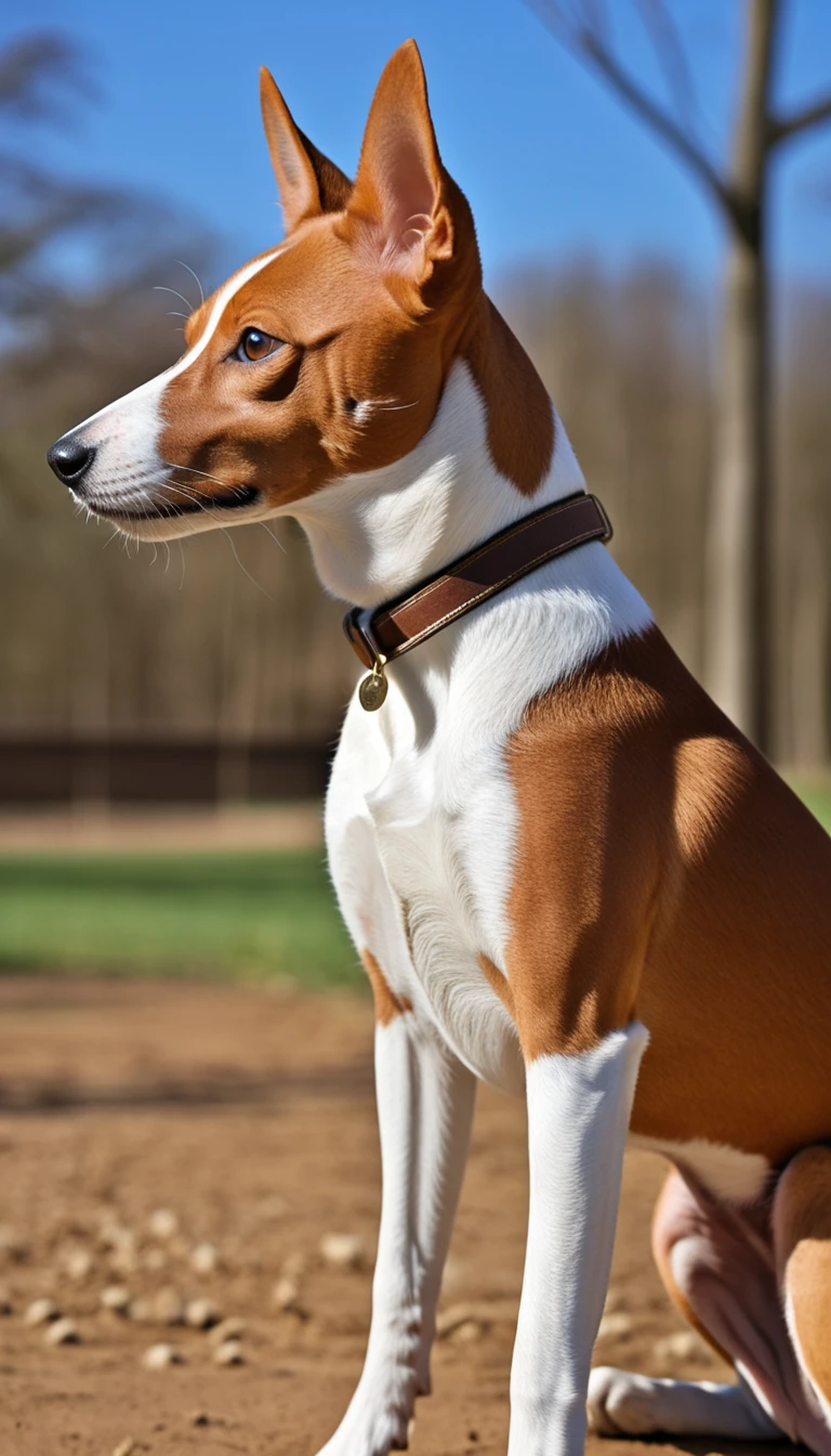 There is no one, realistic photo, photo realism, realism, basenji(Basenji), perfect composition, intricate details, Very sharp, masterpiece, profile, high resolution, looking at the viewer, Full body photo in the dog park