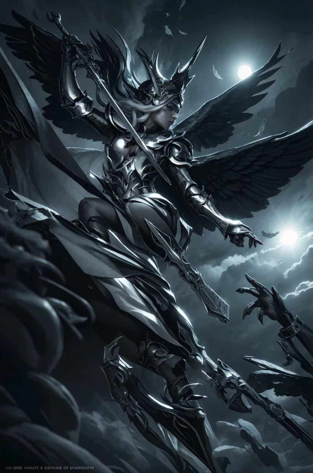 blindfolded, big breast, Divine judgement, sending from the sky, dynamic pose, A beautiful angel woman with huge wings, 2 giant horns, facing forward, in a melancholy pose, with a beautiful sharp face, ultra-detailed, hyper realistic, cinematic lighting, dark moody colors, dramatic shadows, intricate details, ethereal, fantasy, elegant, photorealistic, body armor, showing no emotion, grey skin
