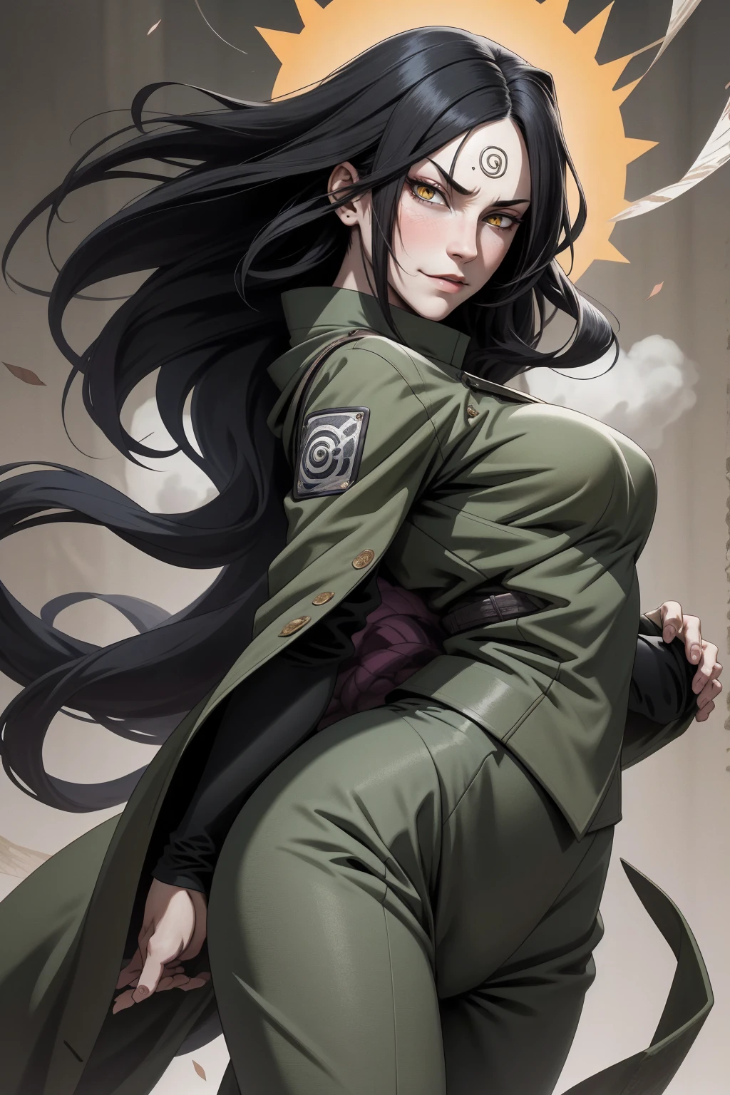 {-erro_de_anatomia:1.0} estilo anime, Masterpiece, absurdities, Orochimaru\(Naruto\), 1girl Solo, Mature woman, Oversized shirt with broad shoulders, Perfect composition, Detailed lips, large breasts, Beautiful face, body proportion, Blush, Long black hair, ( black hair), yellow eyes, (sexy), Soft gauze, Super realistic, Detailed, photo shoot, Realistic faces and bodies, masterpiece, best quality, best illustration, hyper detailed, 1 girl, solo, glamorous, blushing, whole body, fighting, on nature, backwards, looking back, dimanic poses