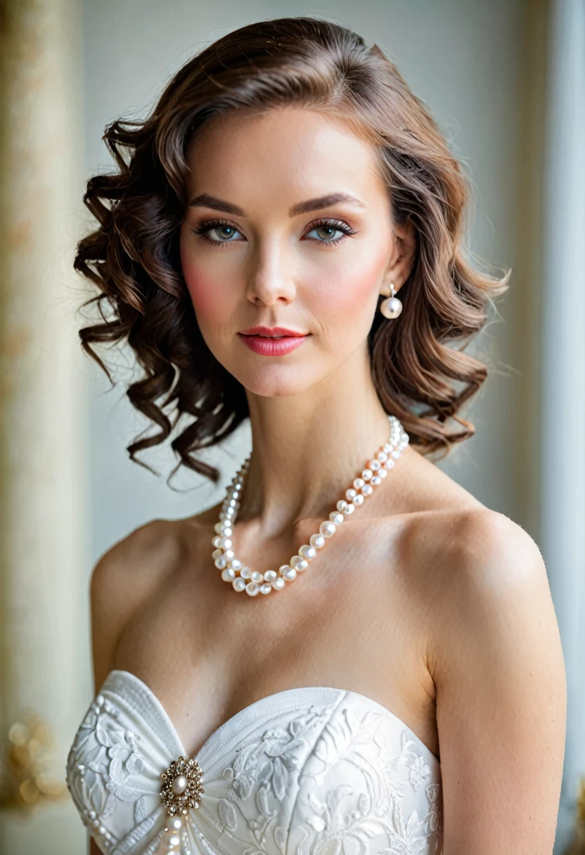 Beautiful woman in a bright white dress with a pearl necklace