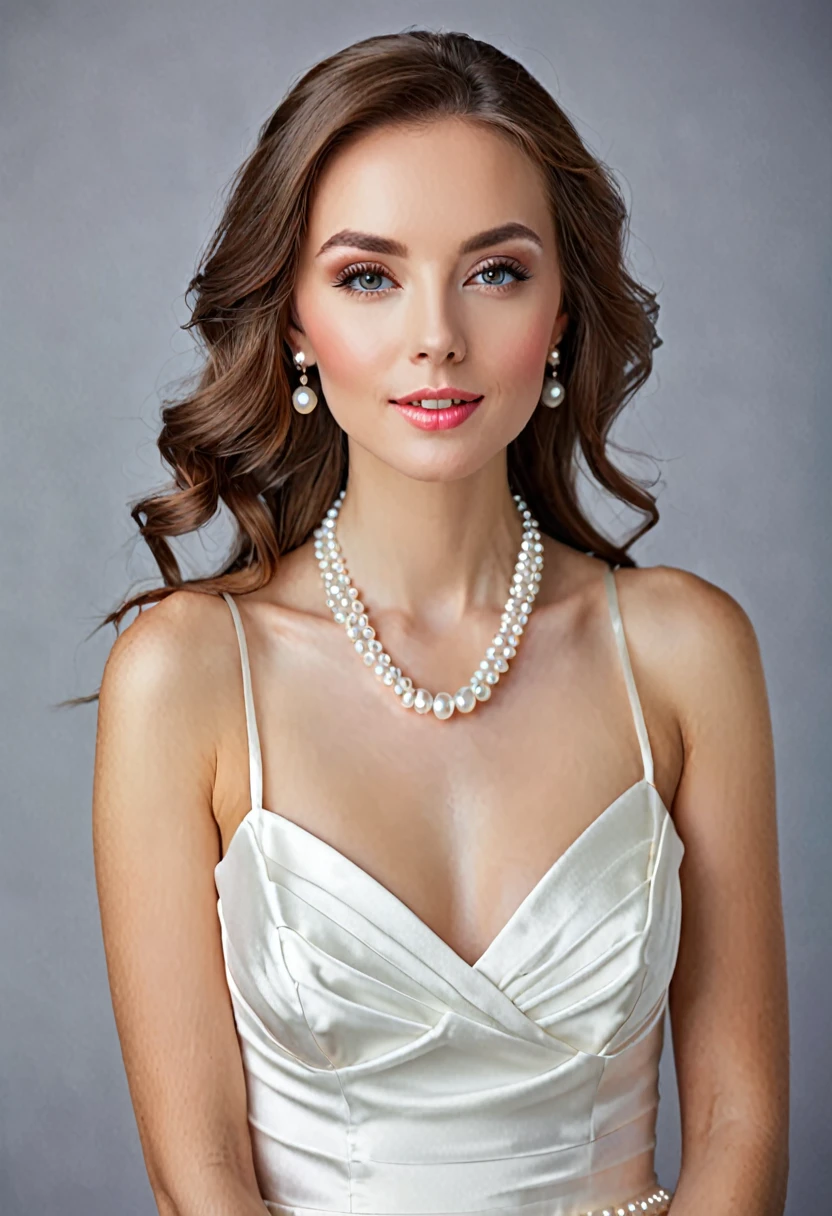 Beautiful woman in a bright white dress with a pearl necklace 
