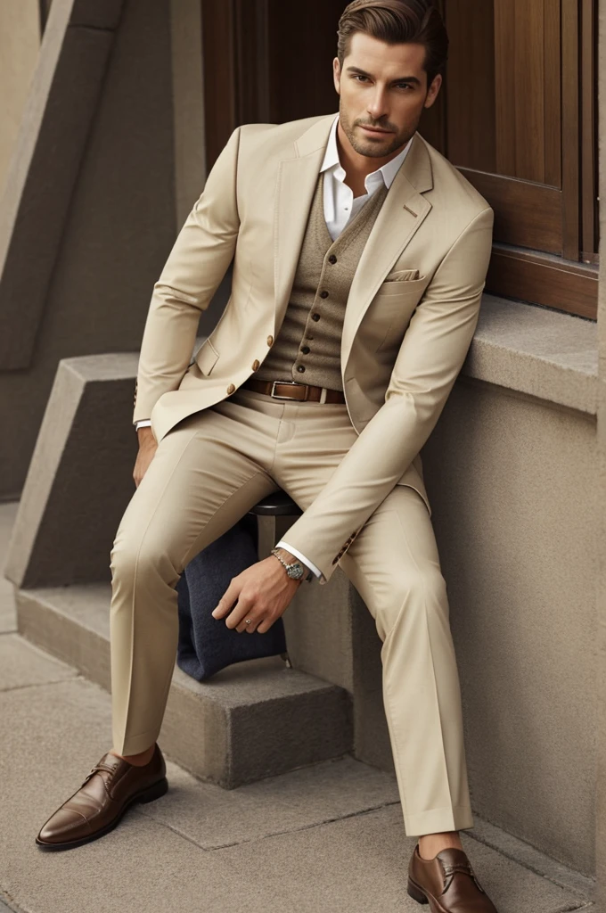 Imagine a light khaki suit, made of a high-quality fabric such as wool or a wool-silk blend for a luxurious touch. The jacket is slim fit with peak lapels., two buttons and flap pockets. The matching pants are also slim fit., with a perfect fall that ends right on the shoe, no folds.