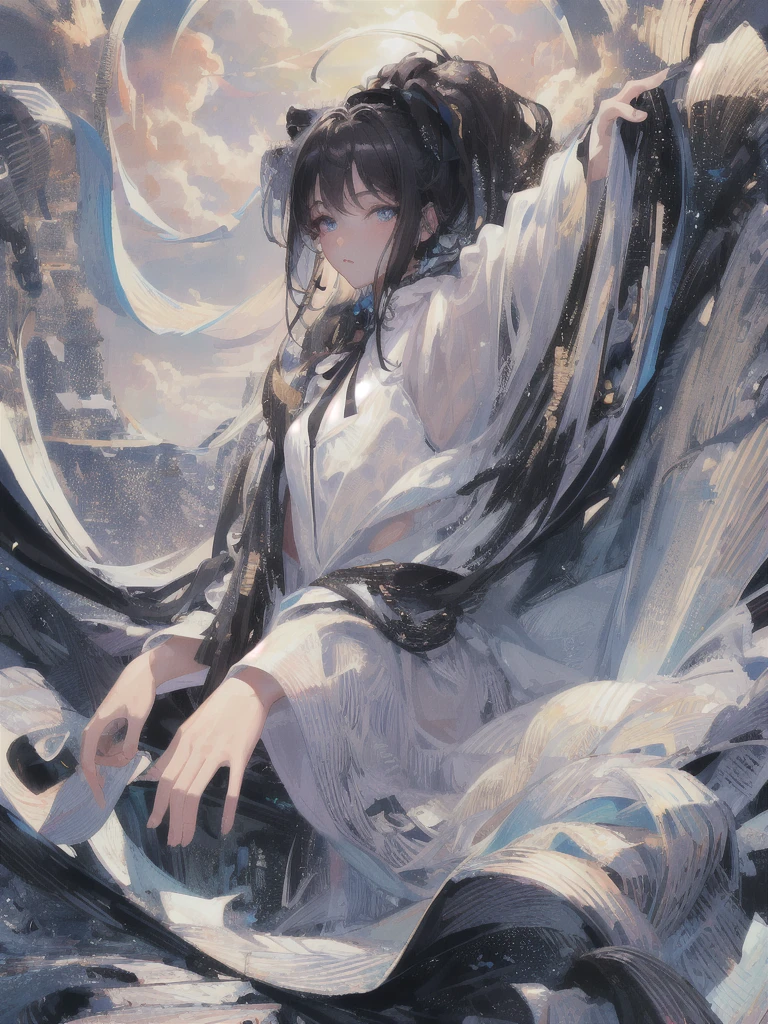 ((masterpiece, highest quality, Super detailed, High resolution)), alone, beautiful girl, shining eyes, perfect eyes, 15 years old, black white gold theme,
