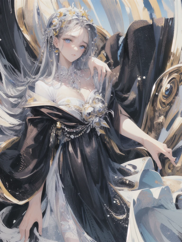 ((masterpiece, highest quality, Super detailed, High resolution)), alone, beautiful girl, shining eyes, perfect eyes, 15 years old, black white gold theme,