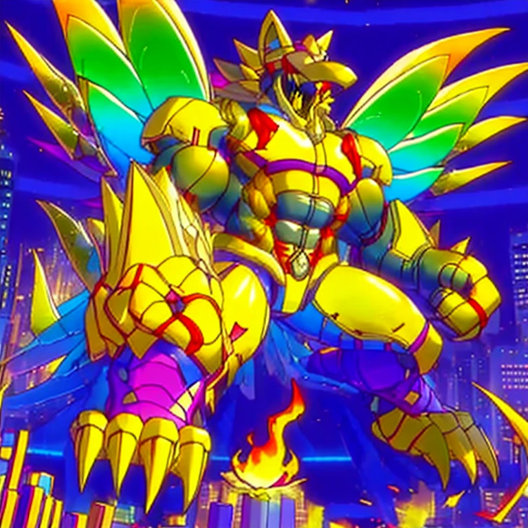 (masterpiece. official art. 8k. best quality. detailed full body. full body.)

(situation 1 : dominating The Phoenix Wolf. The Phoenix Wolf is over 1000 meters long. focus GIANT mechanical Muscular The Phoenix Wolf is trampling the car. Looking down.)

(situation 2 :smoke and flames rising from the destruction in the city)

(Additional details 1: Wearing golden Armor. Cape. Helmet. real texture material. whole body shines like metal. emphasizes the muscles. suit fully made of metal.Robotic suit).

(Additional details 1.5: The arms are golden. The lower half of the body is golden. The wolf-shaped helmet has sharp fangs. The whole body is golden.).

(Additional details 2: Detailed head. Detailed Body. Detailed abs. gigantic muscles. HYPER MUSCLES. Gigachad Muscular. big muscle. pecs. triceps. traps. unusually developed muscular body. body full of huge muscles. showing off muscles. pectorales enormes. Exaggeratedly huge muscles. huge muscles. long legs.).

(Additional details 3:Spread wings. It has wings. The claws are sharp. Sharp teeth.). He is laughing defiantly. The claws are sharp. Sharp teeth.). 

(Additional details 3.5 : nj5furry,  He is laughing defiantly. medieval armor.). 