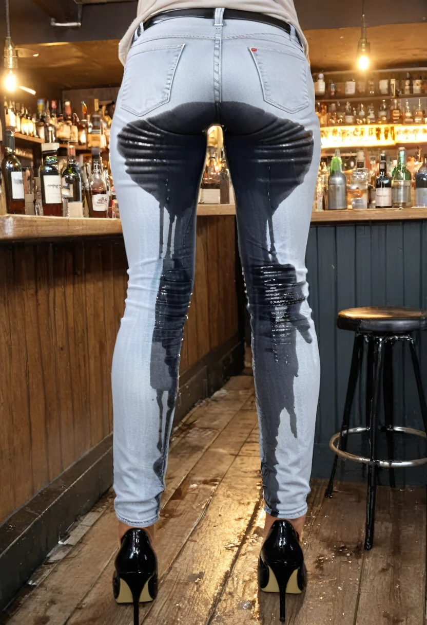 ((rear view)), attractive women, blonde wearing black skinny jeans, black belt, black suede high heel pumps, white blouse, standing in a crowded bar, wetting, big smile, pee stains are gleaming wet, bright lighting, ((pee stain bulges out onto hips)), ((pee stain flows along wrinkles in jeans)), jeans completely soaked below the knees