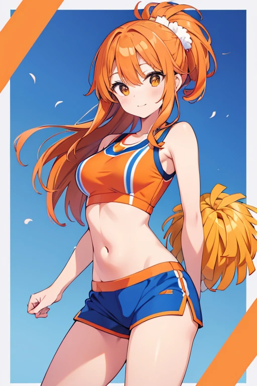A beautiful woman with straight orange hair who is dressed in an orange cheerleading outfit consisting of an orange top with blue stripes and orange shorts with blue stripes and some orange pompoms
