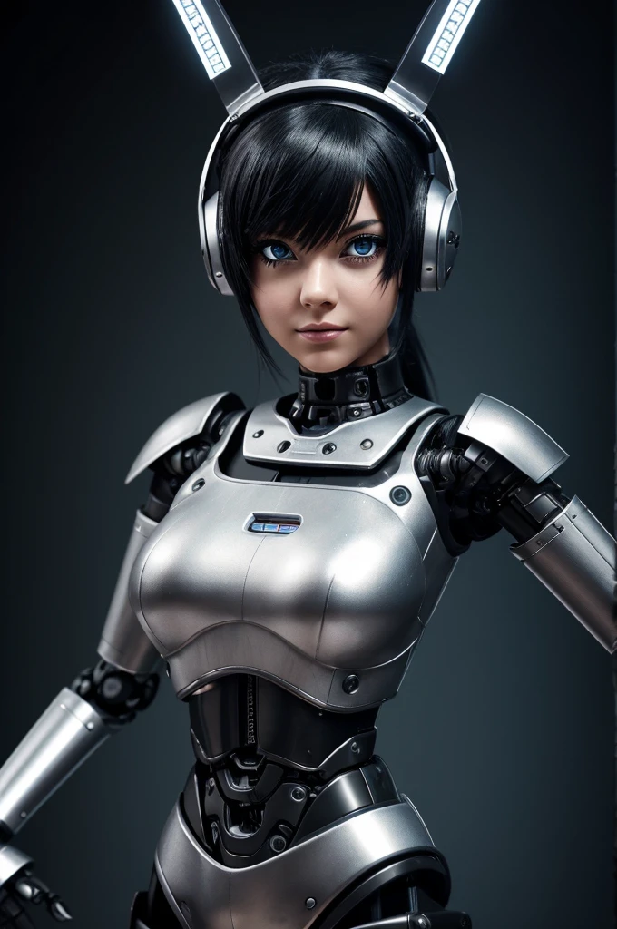 . Girl with a robot body where you can see screws and her skin is silver and black, with a style from the game Five's nights at Freddy. Her eyes are silver and she has some curves on her body.
Her hair is black.
She will have two metallic rabbit ears on her head. Is a robot.