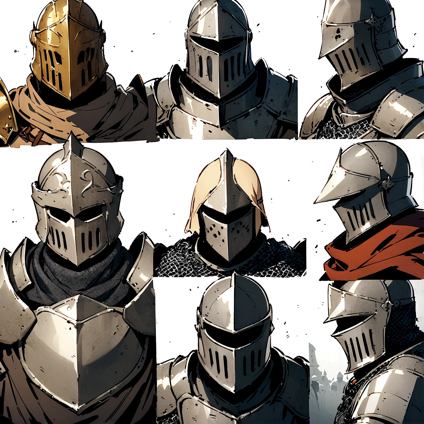 masterpiece), best quality, faceless, hidden face, soldier, full face mask, Dark souls style, male, male knight, armet helmet, brown shoulder cloth, chainmail hauberk, dark worn brigandine armor, ragged cloak, shoulder plates, crop chestplate, knigth, hooded knight, male, Ragged cloak hood, cool knight, portrait, Dark souls Knight helmet, armet helmet, medieval helmet, visored helmet.