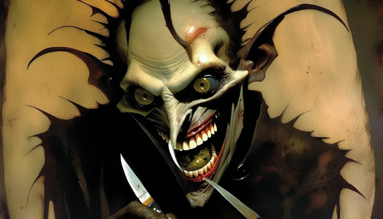 Dave McKean+Brom macabre Style - the Daemon Priest character Dramatic dynamic portrait, McKean+Pre digital beksinsky Art Style,eerie atmosphere Grimdark gritty texture,, subtle hints of light pops in mouth and eyes, grin, dental exaggeratively teeth ,holding a straight razor suggestively, and his other hand a prescription pill bottle,