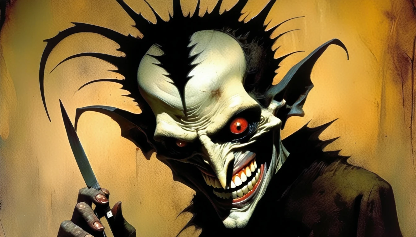Dave McKean+Brom macabre Style - the Daemon Priest character Dramatic dynamic portrait, McKean+Pre digital beksinsky Art Style,eerie atmosphere Grimdark gritty texture,, subtle hints of light pops in mouth and eyes, grin, dental exaggeratively teeth  ,holding a straight razor suggestively, and his other hand a prescription pill bottle,