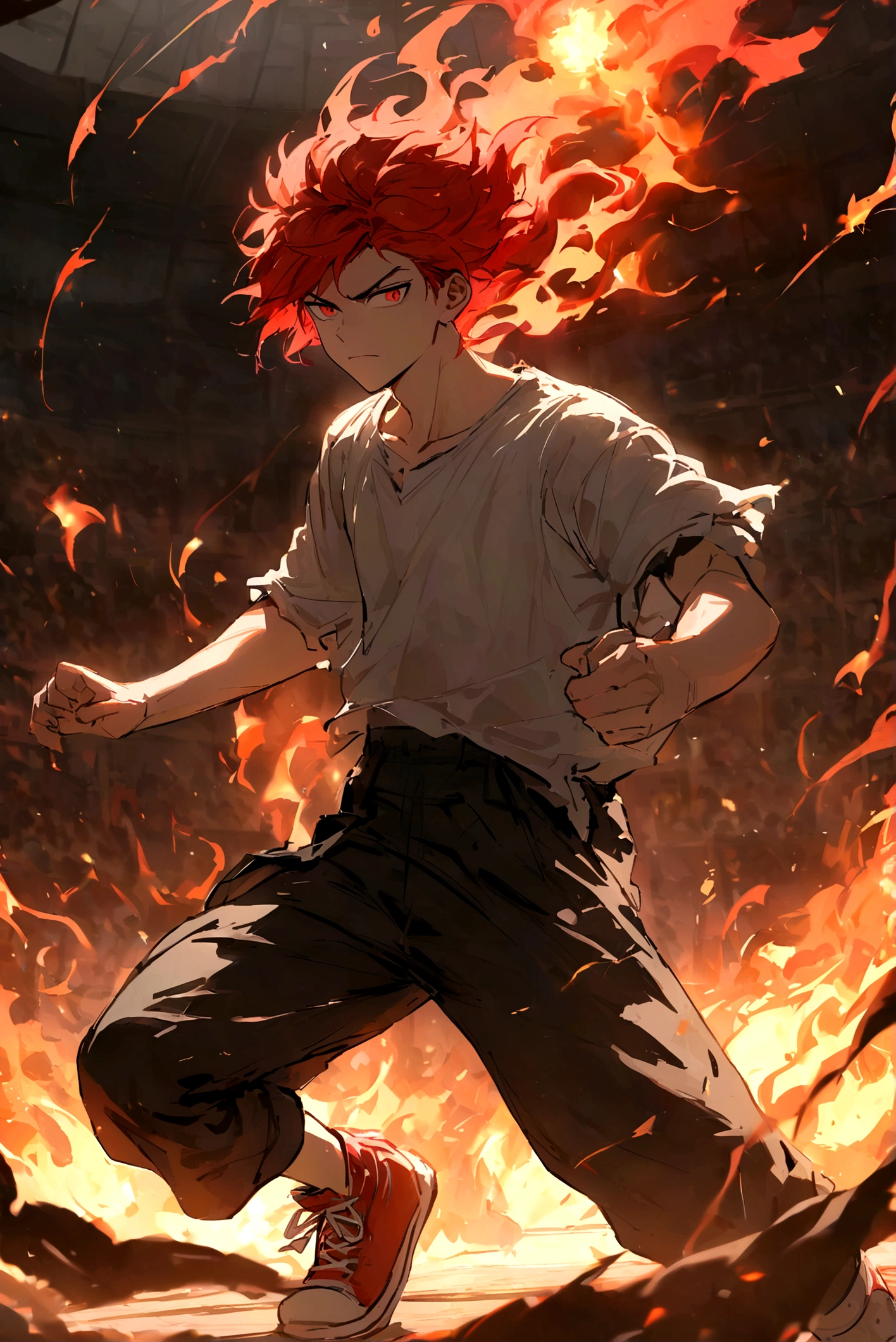  boy, hair spiked up, medium length hair, fiery red hair, serious face, Eyes red, ripped black loose shirt, black pants, Red sneakers, fire aura around the character, scene in an open-air fighting arena, lot of details, best qualityer