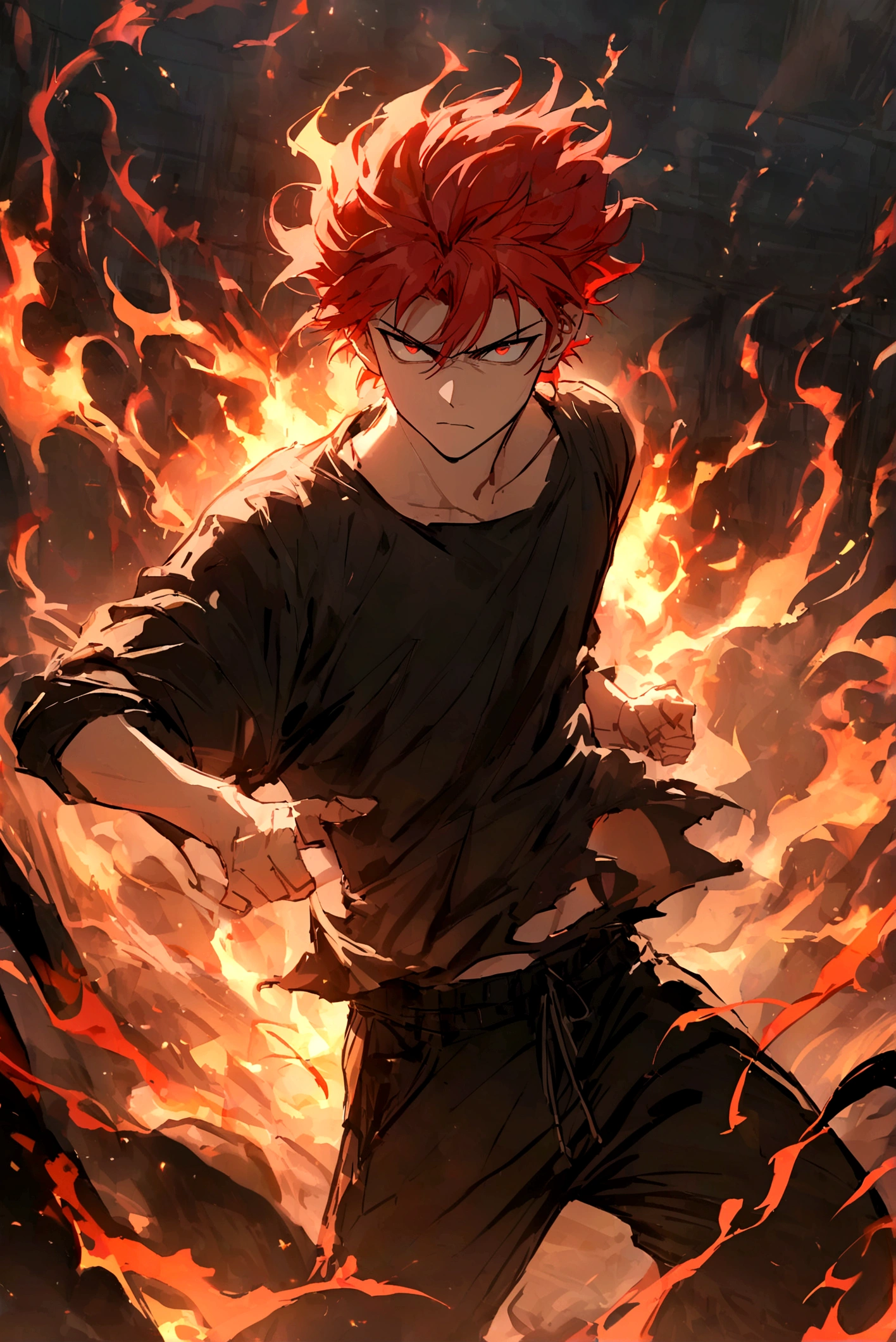 Teenage boy, hair spiked up, medium length hair, fiery red hair, serious face, Eyes red, ripped black loose shirt, black pants, Red sneakers, fire aura around the character, scene in an open-air fighting arena, lot of details, best qualityer