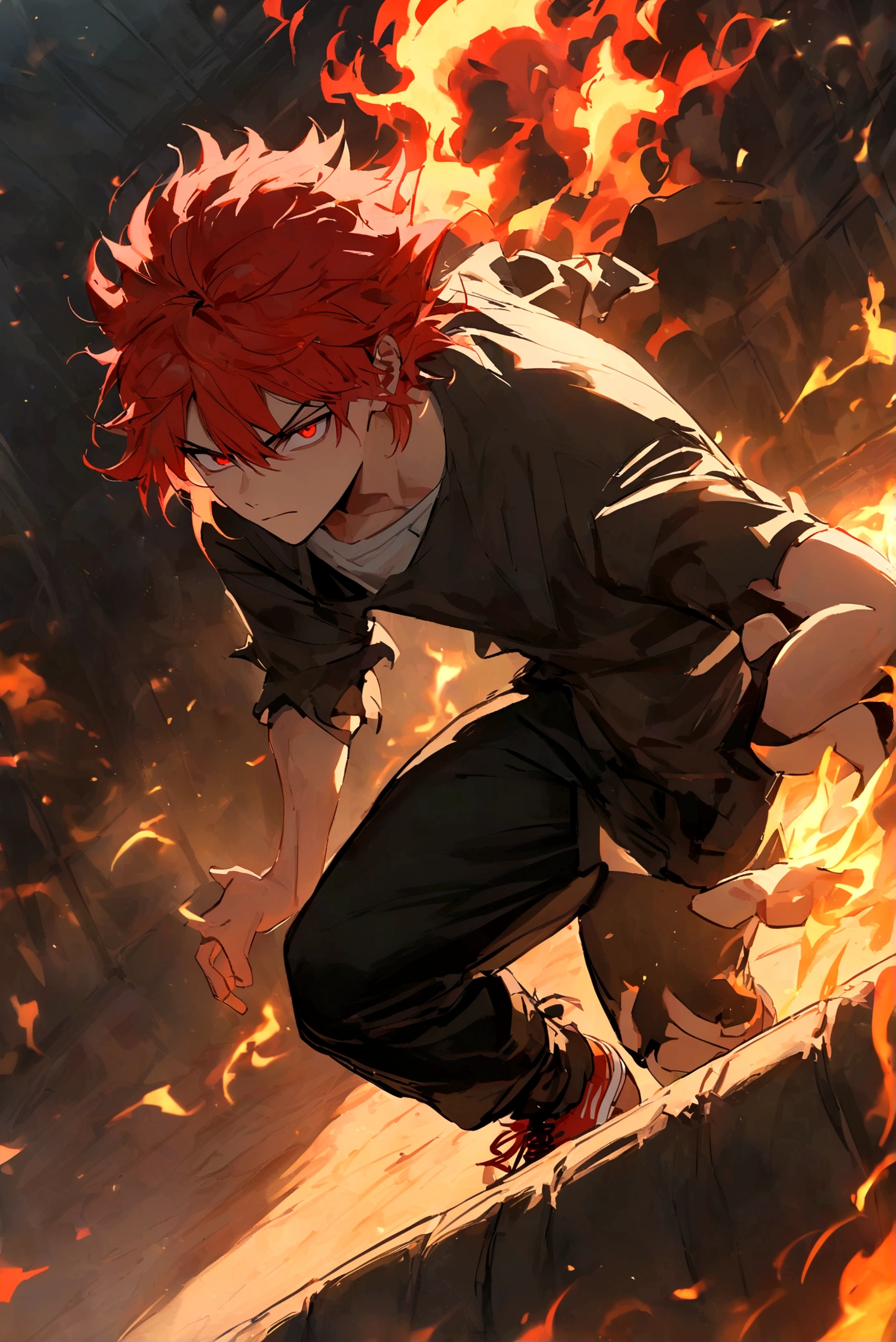 Teenage boy, hair spiked up, medium length hair, fiery red hair, serious face, Eyes red, ripped black loose shirt, black pants, Red sneakers, fire aura around the character, scene in an open-air fighting arena, lot of details, best qualityer