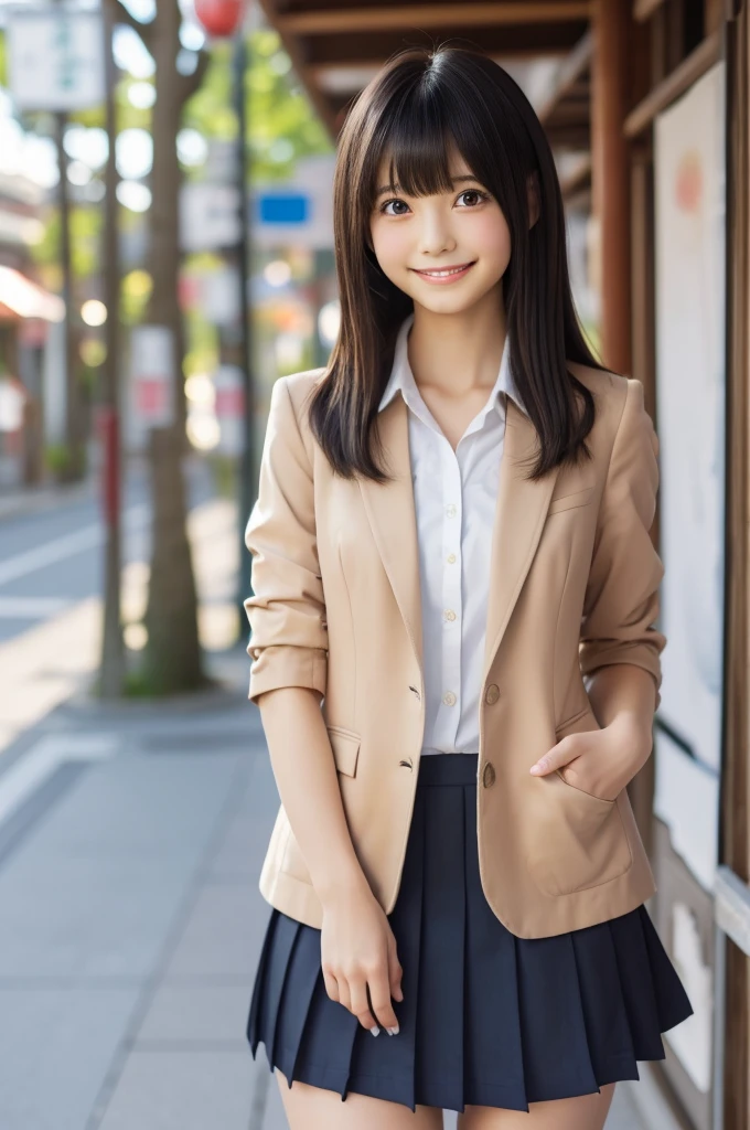 One Woman、((Standing wearing a blazer and miniskirt school uniform))、Primary school students,((small breasts)),Highest quality、Very delicate and beautiful、((Very short bangs))、((Bangs))、Shiny black hair、Highest quality、Very delicate and beautiful、((Very short bangs))、((blunt bangs))、((long hair))、Cute face、Young face、Cute like an idol、Are thin、Slim figure、slender、Short、 body type、((The background is a Japanese townscape))、Thighs、Photographed from the front、The best smile、
