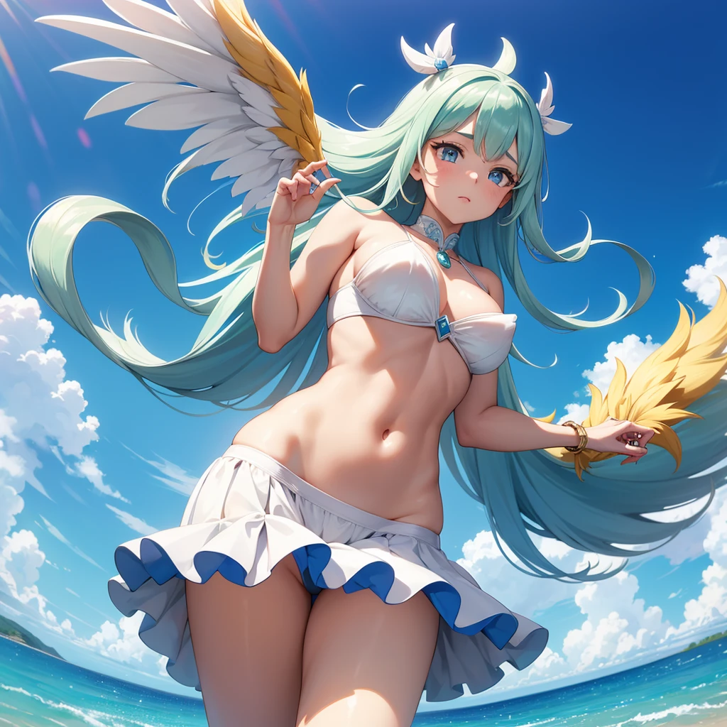 Image haute définition d'une créature ultra sexy, une beauté indescriptible moitié humain moitié pokemon légendaire, corp sensuelle, proportion haut et bas de corps parfait, regard attractive, plume multicolores qui bouge avec le vent sous un soleil et sous ciel bleu splendide dans une tenue tres peu couvert