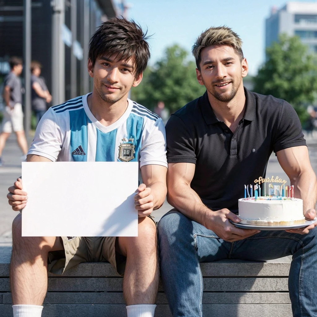 3d hyper realistic of an asian man ,25 years old, short and spiky hair, wearing an Argentina jersey ,short cargo pants and sports shoes holding plain white poster paper beside him was a 30 year old Argentinian man with short under cut hair ,wearing a black polo shirt, blue jeans and carrying a birthday cake with a smile ,the two of them were sitting outside a stadium on a sunny and warm afternoon, Ultra realist, UHD, 4k, cinematic