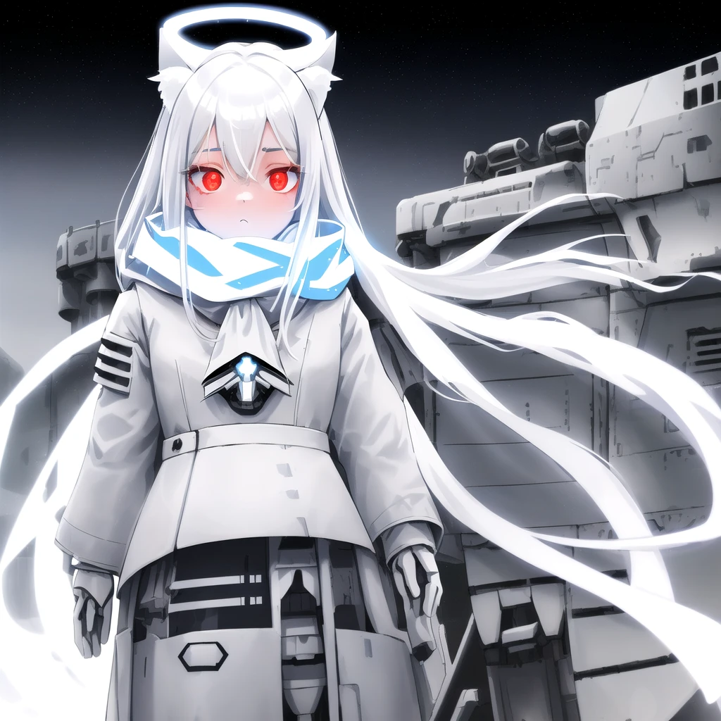 masterpiece, highest quality, highest resolution, clear_image, detailed details, White hair, long hair, cat ears, 1 girl, red eyes, light blue glowing military gear, white scarf (white scarf around the neck), gray futuristic halo (gray halo over the head), white futuristic wings, holding rifle, cute, no water marks, outer space (earth's orbit)