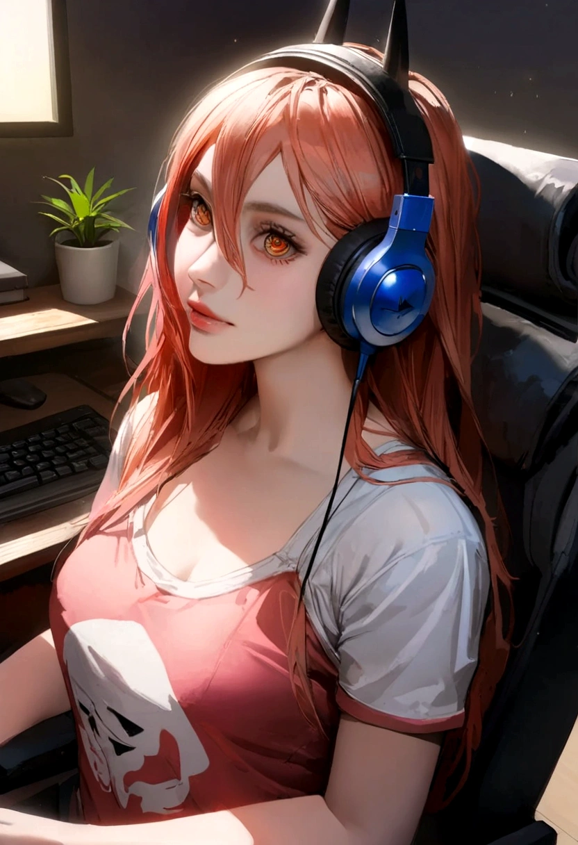 1girl, anime girl, harl text na camisa shirt, sitting on chair, wearing headphones, playing on pc, focused on game, blue and red particles around, detailed face, beautiful detailed eyes, beautiful detailed lips, extremely detailed eyes and face, long eyelashes, realistic, photorealistic, photo-realistic:1.37, best quality, 4k, 8k, highres, masterpiece:1.2, ultra-detailed, HDR, UHD, studio lighting, ultra-fine painting, sharp focus, physically-based rendering, extreme detail description, professional, vivid colors, bokeh