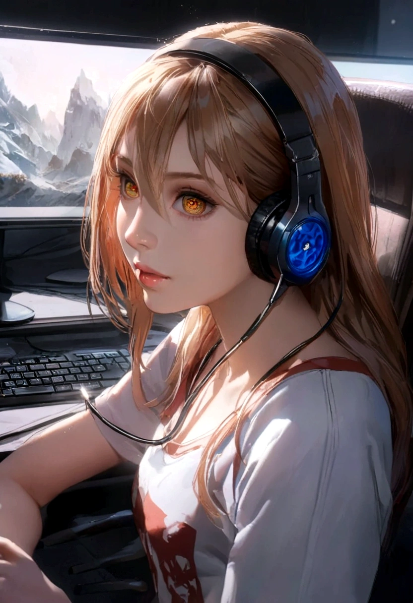 1girl, anime girl, harl text na camisa shirt, sitting on chair, wearing headphones, playing on pc, focused on game, blue and red particles around, detailed face, beautiful detailed eyes, beautiful detailed lips, extremely detailed eyes and face, long eyelashes, realistic, photorealistic, photo-realistic:1.37, best quality, 4k, 8k, highres, masterpiece:1.2, ultra-detailed, HDR, UHD, studio lighting, ultra-fine painting, sharp focus, physically-based rendering, extreme detail description, professional, vivid colors, bokeh