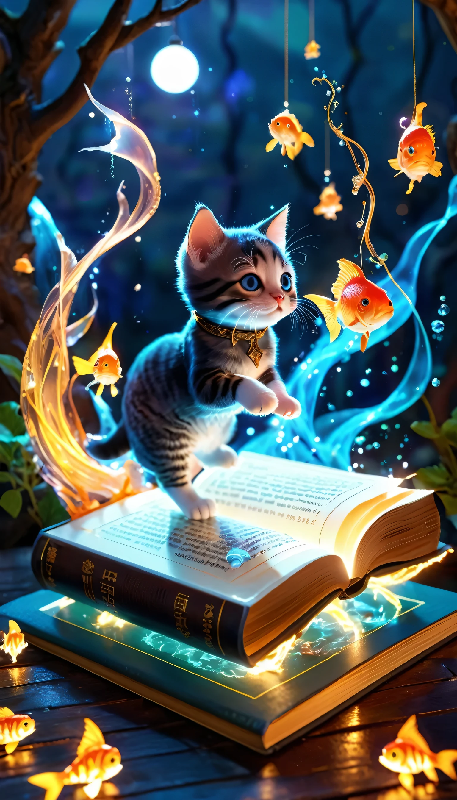 excellent quality, masterpiece, best quality, Very detailed, Very detailed, ultra HD, Perfect anatomical structure, Wizarding World,
(Kitten and fish:1.4), Fish in the air, Spell Magic to get fresh fish as food,( Fish jumping out of a magic book:1.3), Energy Flow,
The whole body of a cute kitten, Kawaii, Wearing witch robes, Witch Hat, Holding a magic book, The magic book in hand, Spell Magic,
Extremely detailed,
luminescent neon, luminescent,
