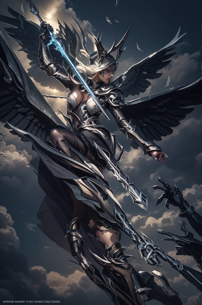 blindfolded, big breast, Divine judgement, sending from the sky, dynamic pose, A beautiful angel woman with huge wings, 2 giant horns, facing forward, in a melancholy pose, with a beautiful sharp face, ultra-detailed, hyper realistic, cinematic lighting, dark moody colors, dramatic shadows, intricate details, ethereal, fantasy, elegant, photorealistic, body armor, showing no emotion, grey skin
