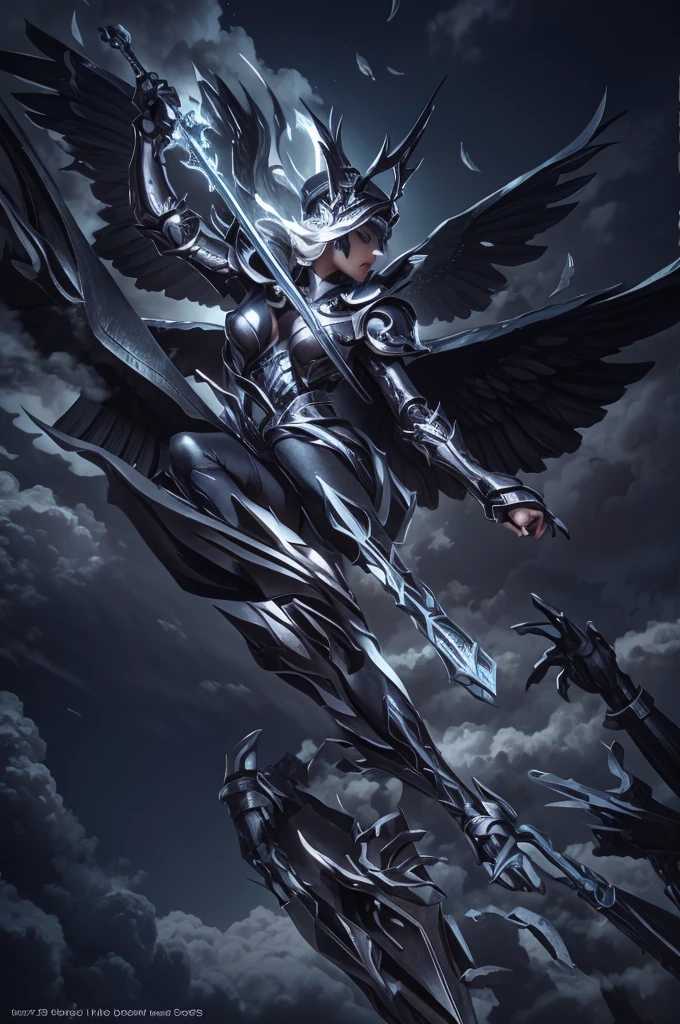 blindfolded, big breast, Divine judgement, sending from the sky, dynamic pose, A beautiful angel woman with huge wings, 2 giant horns, facing forward, in a melancholy pose, with a beautiful sharp face, ultra-detailed, hyper realistic, cinematic lighting, dark moody colors, dramatic shadows, intricate details, ethereal, fantasy, elegant, photorealistic, body armor, showing no emotion, grey skin