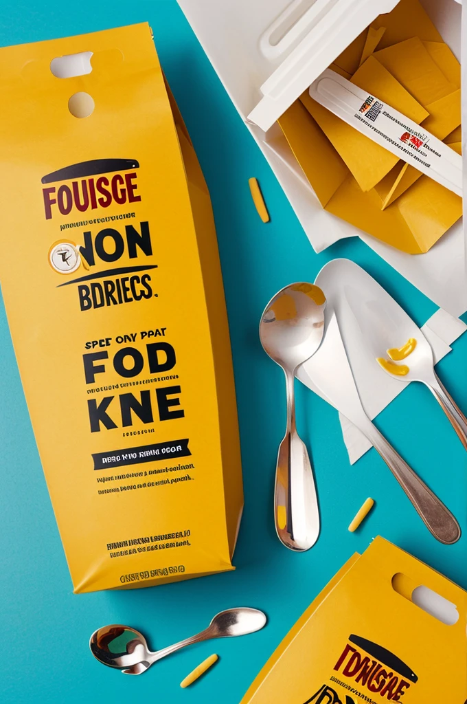 Create an advertising image with food packaging and disposable spoons