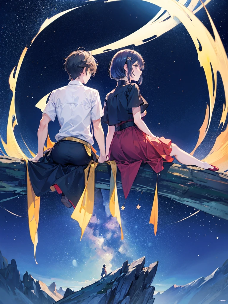 A boy and girl on a mountain top sitting night sky filled with stars looking at , (two moons) , colorful sky, wallpaper, 4k quality,Back view,