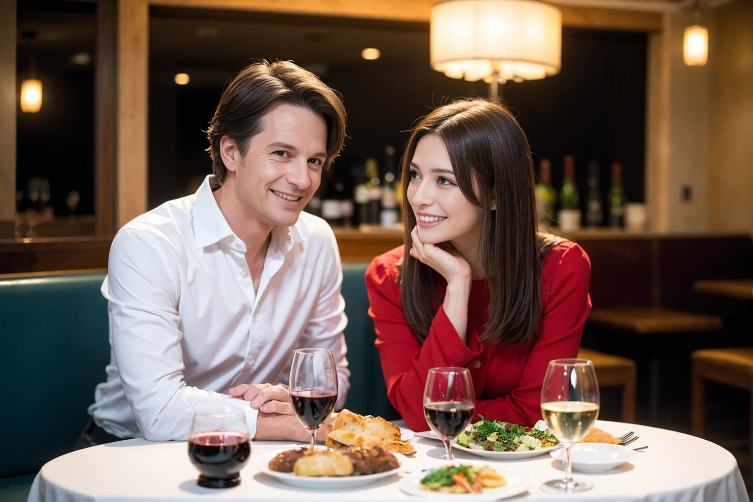 ((Highest quality、、masterpiece:1.3))、1 male、1 female、spouse、Beautiful couple、smile、full-course dinner、 (Slim face), (the body is スリム), (Brown Hair), (Shortcuts), ((Bob Hale、Straight hair:1.2)), テーブルの上のwine glass、Shine light on your face、 Amazing view of the sunset sky and clouds、smileの美しさ、Bright image、Blushing, Shortcuts, (43 years old), 39 years old, Appetizers、Italian food、Wine bottle、Champagne、sparkling wine、Long sleeve shirt、dress、Attractive beauty、restaurant, Nova Frog Style, actress, model, Upper Body, White wine, red wine, wine glass,