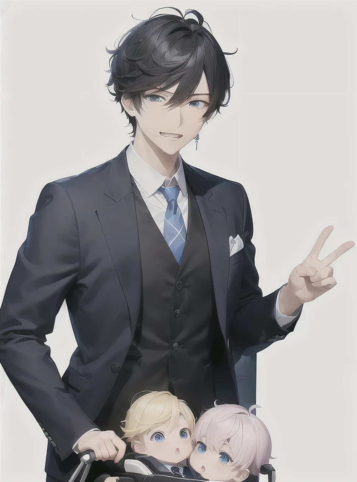 Cartoon characters pushing a baby stroller and a man in a suit, Inspired by Masanobu Okumura, Inspired by Okumura Tougyu, Magic School Student, Heartbeat Literary Society, Inspired by Gacha Club game, Visual novel cg, 8K!!, Tall anime man with blue eyes, JK, Use your index finger