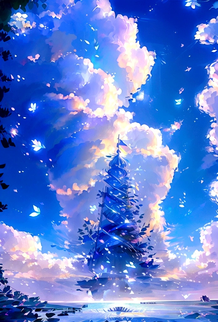 Masterpiece, best quality, (very detailed CG unity 8k wallpaper) (best quality), (best illustration), (best shadows) Nature', blue sea,delicate leaves petals of various colors falling in the air light Tracking, super detailed
