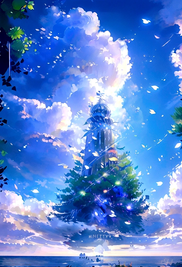 Masterpiece, best quality, (very detailed CG unity 8k wallpaper) (best quality), (best illustration), (best shadows) Nature', blue sea,delicate leaves petals of various colors falling in the air light Tracking, super detailed
