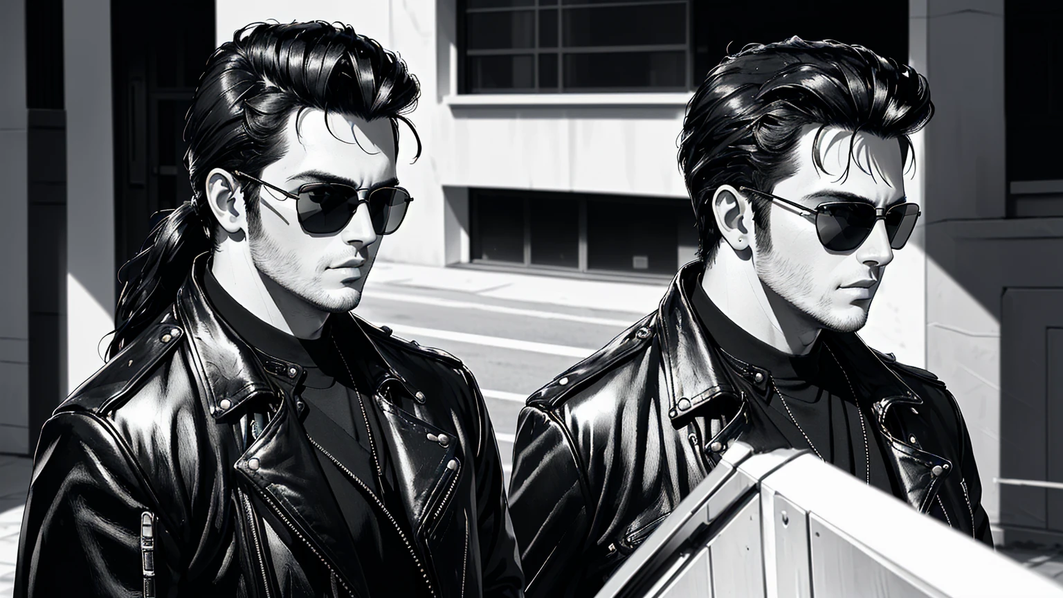 arafed man wearing sunglasses and a leather jacket standing in front of a building, looking heckin cool and stylish, profile shot, with sunglasses, elvis, b&w photo, medium shot portrait, mid shot portrait, portrait mode photo, with sunglass, shot on iphone, shot on leica, shot on iphone 6, sideburns