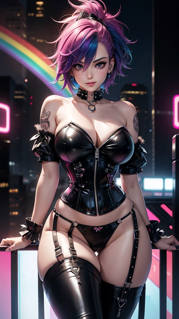 32K UHD quality resolution, rainbow reflections, beautiful and sexy woman, accentuated super huge enormously gigantic , Cleavage showing, wearing lace panties with leather corset and thigh high boots with lots of straps, buckles and zippers, affront, wild messy punk mohawk hair, tattoo sleeves and piercings, sexy seductive horny pose, Full length portrait, Looking forward, looking at the viewer, bright colors, vivid colors, shiny hair, by live, blush, shy smile, short hair, duendecillo hair cut, rainbow hair