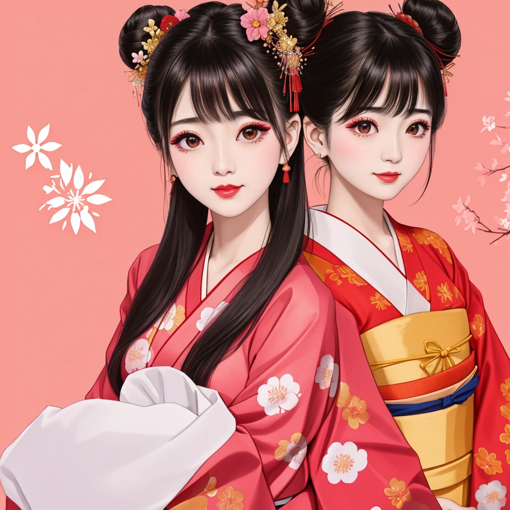 Each has a different expression２People and sisters、(２ girls）、｟Dancing traditional arts with grace)、((Big Breasts、Small Face、Not exposed))、Highest quality、masterpiece、（Black Hair、Bun Hair）、Brown Eyes、｟Wide angle、Angle from above the waist、雑誌の表紙のPause、Their gazes are different, staring into the distance｠、(８K High Quality、masterpiece、High resolution、Realistic and beautiful light and shadow、(Highest quality)、(High Resolution)、(Very delicate and beautiful)、(Beautiful 8k face)、(With a smile、Beautiful eyes)、(Clear skin)、(Soft hair)、(８Head to Body)、(A Japanese-style yukata kimono with red, pink, orange and blue floral patterns on a white background, interspersed with gold powder、Wearing a yukata２Beautiful Japanese girls)、((Tanabata decoration background))、((Small Face))、(arms up)、Thin and small nose、（Red lipstick）、（Make your cheeks red）、（Glossy skin）、((Ink painting style))、Very thin eyebrows、Overall ultra-high image quality、（She is wearing maiko-style makeup.）、Whitening、Long and beautiful eyelashes、Glowing Skin、（Red cheeks）,Straight nose、masterpiece、Highest quality、whole body、 Eyebrows visible through hair、Bun Hair、Grin、Gal、コGal、Viewer&#39;s Eyes、Plaid、Stylish、woman、fine、Pause、
Waiting to start 
