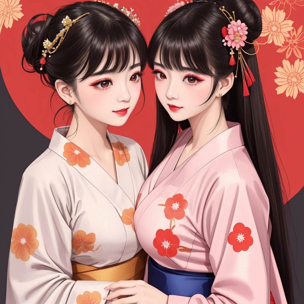 Each has a different expression２People and sisters、(２ girls）、｟Dancing traditional arts with grace)、((Big Breasts、Small Face、Not exposed))、Highest quality、masterpiece、（Black Hair、Bun Hair）、Brown Eyes、｟Wide angle、Angle from above the waist、雑誌の表紙のPause、Their gazes are different, staring into the distance｠、(８K High Quality、masterpiece、High resolution、Realistic and beautiful light and shadow、(Highest quality)、(High Resolution)、(Very delicate and beautiful)、(Beautiful 8k face)、(With a smile、Beautiful eyes)、(Clear skin)、(Soft hair)、(８Head to Body)、(A Japanese-style yukata kimono with red, pink, orange and blue floral patterns on a white background, interspersed with gold powder、Wearing a yukata２Beautiful Japanese girls)、((Tanabata decoration background))、((Small Face))、(arms up)、Thin and small nose、（Red lipstick）、（Make your cheeks red）、（Glossy skin）、((Ink painting style))、Very thin eyebrows、Overall ultra-high image quality、（She is wearing maiko-style makeup.）、Whitening、Long and beautiful eyelashes、Glowing Skin、（Red cheeks）,Straight nose、masterpiece、Highest quality、whole body、 Eyebrows visible through hair、Bun Hair、Grin、Gal、コGal、Viewer&#39;s Eyes、Plaid、Stylish、woman、fine、Pause、
Waiting to start 
