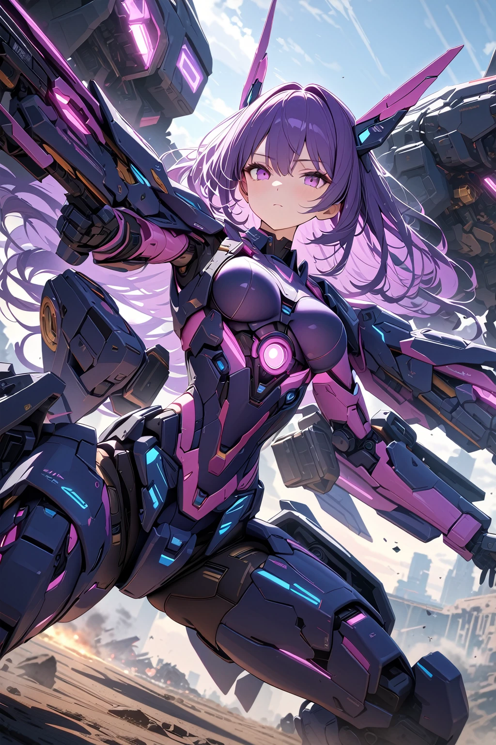 (masterpiece, best quality:1.5), (ultra detailed, high resolution, 8k, beautiful detailed, UHD, best anatomy), purple hair, medium breasts, mecha musume, Body made of machines, fighting formation, expressionless, An ominous place