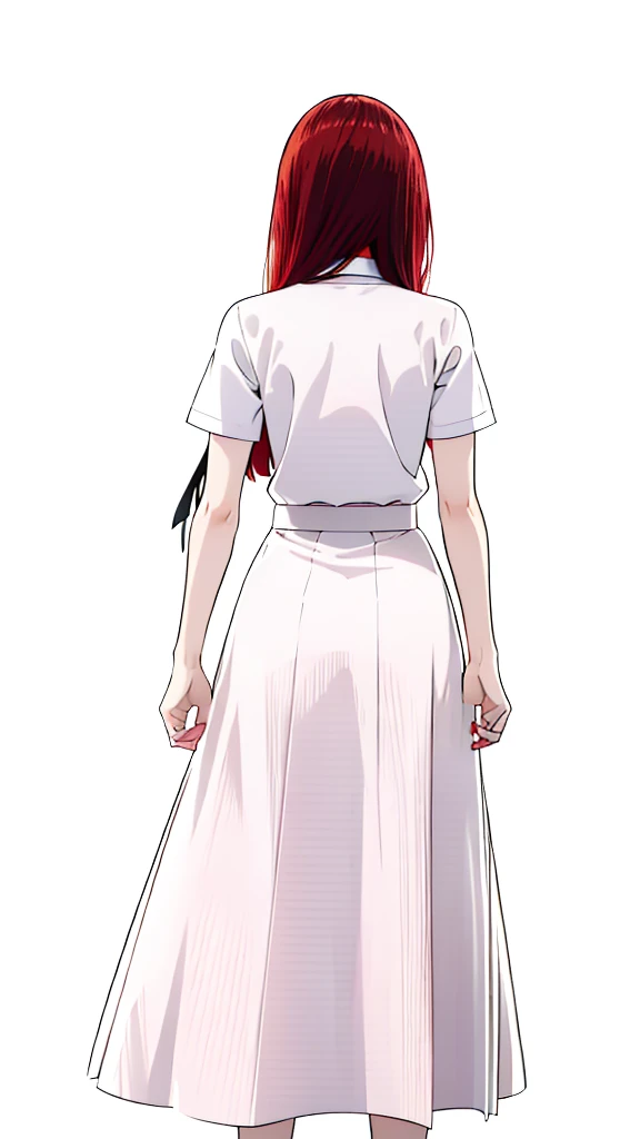 1girl ,20s,angry face,white shirt,short sleeves,(black standard tie),white school skirt,(red hair),long hair,fox ears,(white background, line drawing),backside