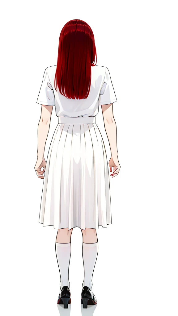 1girl ,20s,angry face,white shirt,short sleeves,(black standard tie),white school skirt,(red hair),long hair,fox ears,(white background, line drawing),backside