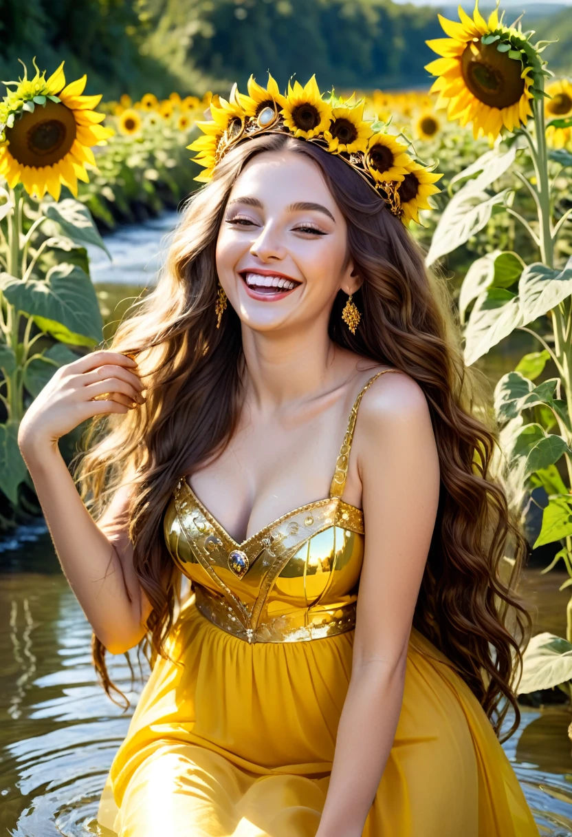 White-skinned Oshun saint, laughing and happy with brown eyes beautiful long hair and a gold crown wearing a yellow dress in a beautiful river with sunflowers and a gold mirror in her hand relaxing
