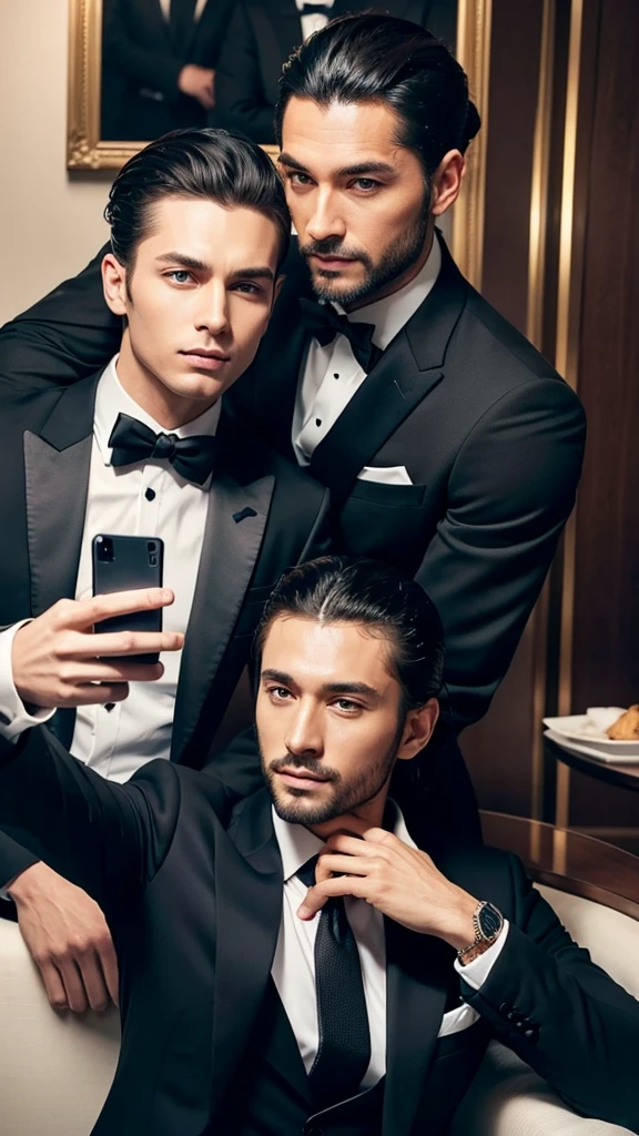 A man with wolf hair and a man with slicked-back hair are taking a selfie, suit, Luxury, Japanese