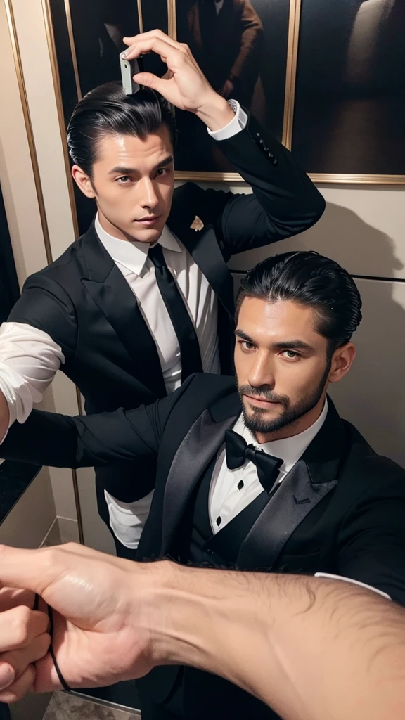 A man with wolf hair and a man with slicked-back hair are taking a selfie, suit, Luxury, Japanese