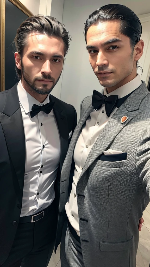 A man with wolf hair and a man with slicked-back hair are taking a selfie, suit, Luxury, Japanese