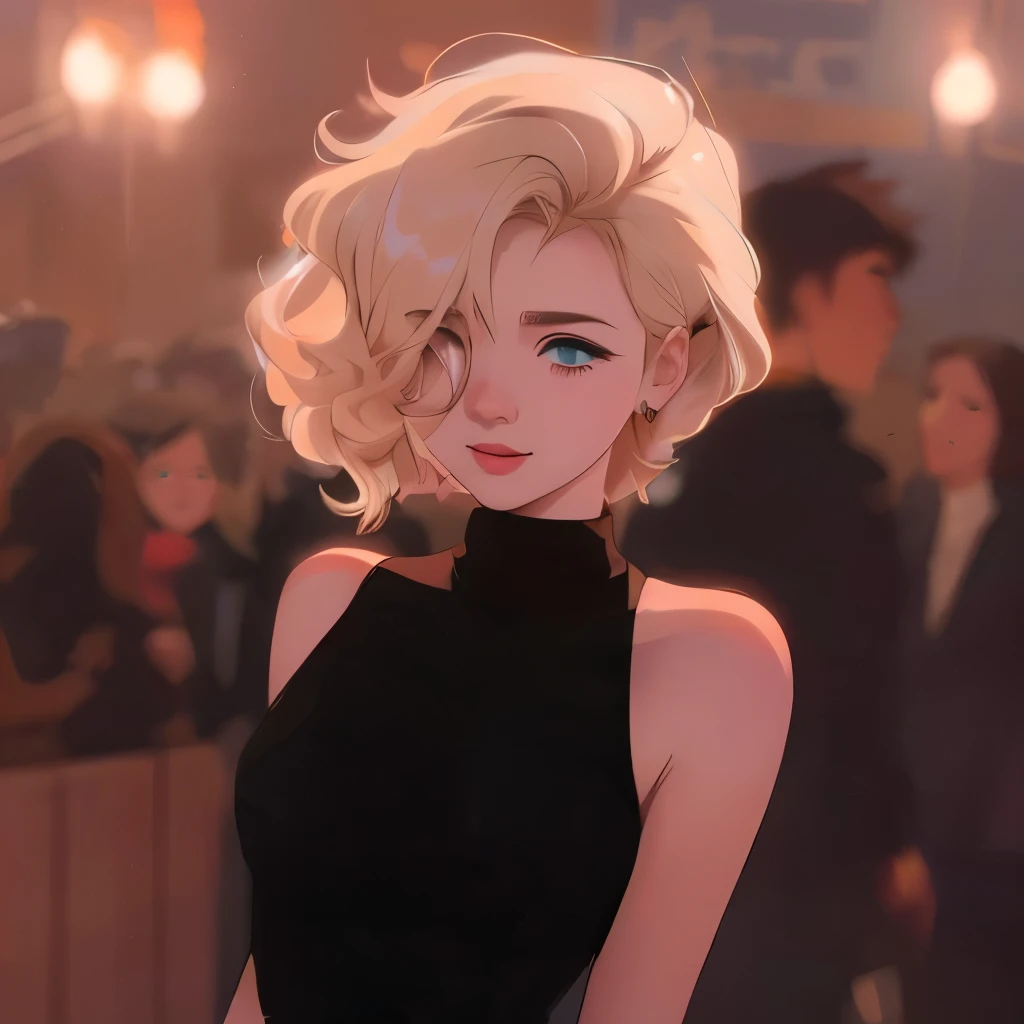 blonde woman in black dress in front of a crowd, anime girl mixing with a 20s noir style, wearing a black dress with a high collar and a discreet neckline, with short, curly blonde hair, Ilya Kuvshinov landscape, lazy art style, ross tran style, cute anime portrait, stunning art style, digital art Ilya Kuvshinov, cute anime art style, artwork style : Ilya Kuvshinov, lofi portrait