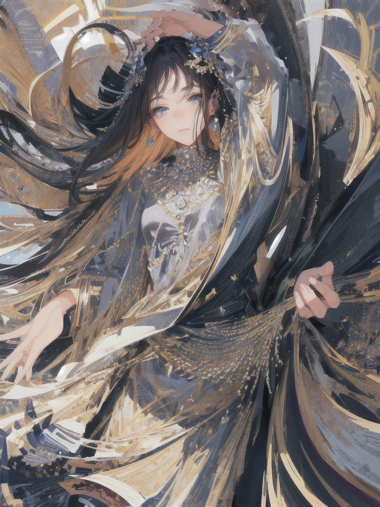 ((masterpiece, highest quality, Super detailed, High resolution)), alone, beautiful girl, shining eyes, perfect eyes, , black white gold theme,