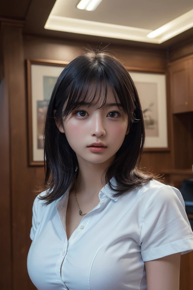 (Highest quality:1.4),(masterpiece:1.4),(Realistic:1.4),(Realistic:1.2),(超High resolution, RAW Photos:1.4),(High resolution, Super detailed:1.2),(8K:1.2),Cinematography,a photo of a dark-haired,One Girl,alone,(White shirt),Big Breasts,((Upper Body:1.3))