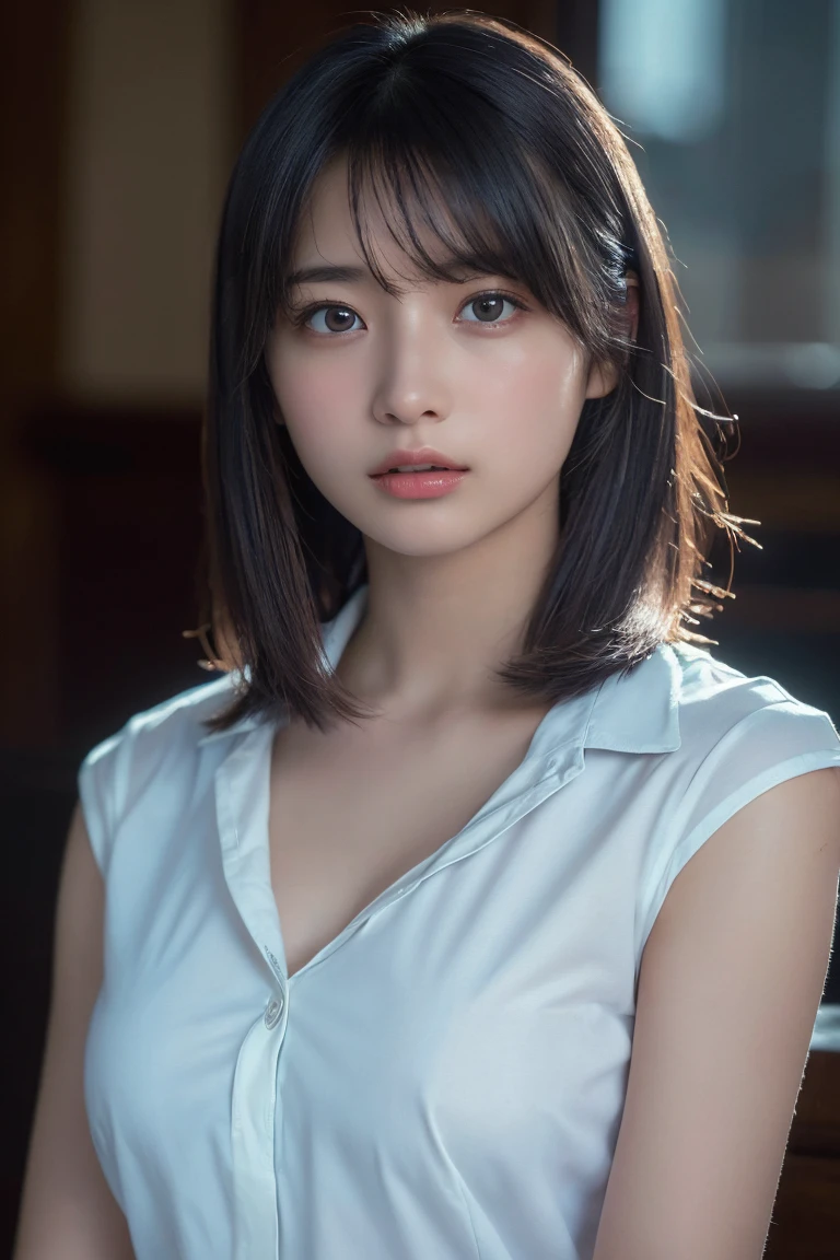 (highest quality:1.4),(masterpiece:1.4),(Realistic:1.4),(Realistic:1.2),(超High resolution, RAW Photos:1.4),(High resolution, Ultra-detailed:1.2),(8k:1.2),Cinematic photography,a photo of a dark-haired,One girl,alone,(White shirt),((Upper Body:1.3))