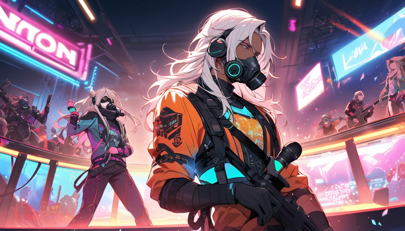 Handsome, single, muscular with visible wash marks, male, long hair tied up in a bun, dark skin, white hair, headphones, neon colored sci-fi robot suit. Mixes sci-fi and neon tones. Behind it is a robot with neon lights. In the background, a large robot was clearly visible singing on stage. Wear a gas mask, neon shirt, and hold a cool microphone. and sing on stage Wear a gas mask.