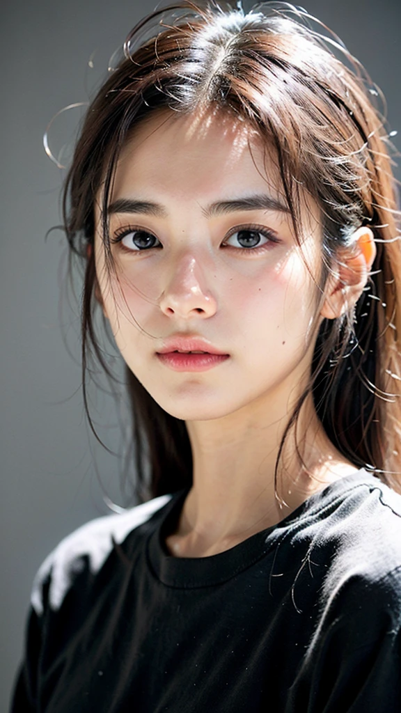 Wear, (photo Practical:1.4), (hyper Practical:1.4), (Practical:1.3), (Smoother lighting:1.05), (Improve lighting quality:0.9), 32k, 1 Girl,20 year old girl, Practical lighting, Backlight, There is light on the face, Ray Tracing, (Brighter Lights:1.2), (quality improvement:1.4), (The best quality real skin texture:1.4), Delicate eyes, Delicate face, good quality eyes, (Tired, sleepy and satisfied:0.0), Close-up of face, t-shirt, (Increase body line emotions:1.1), (Enhance Skin Texture Beauty:1.1)